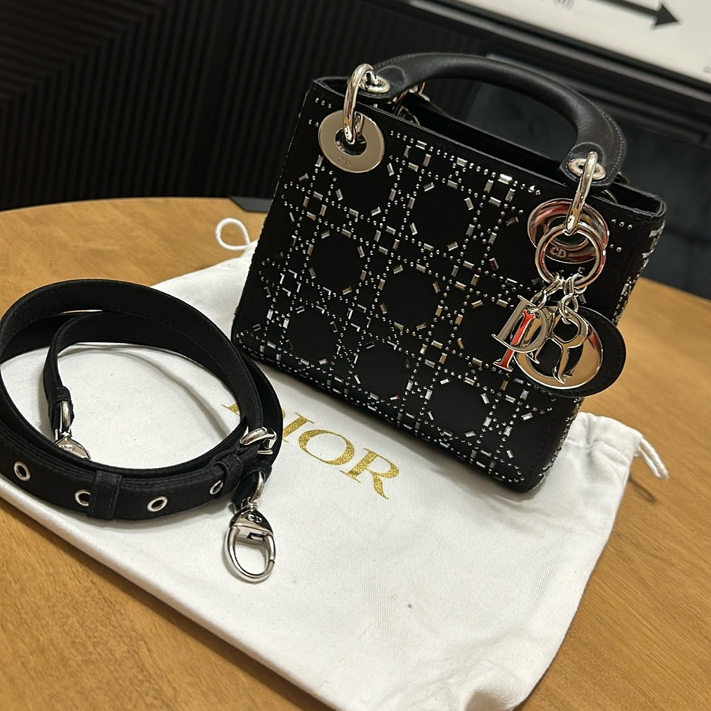 Mini Lady Dior Bag Black Strass Cannage Satin